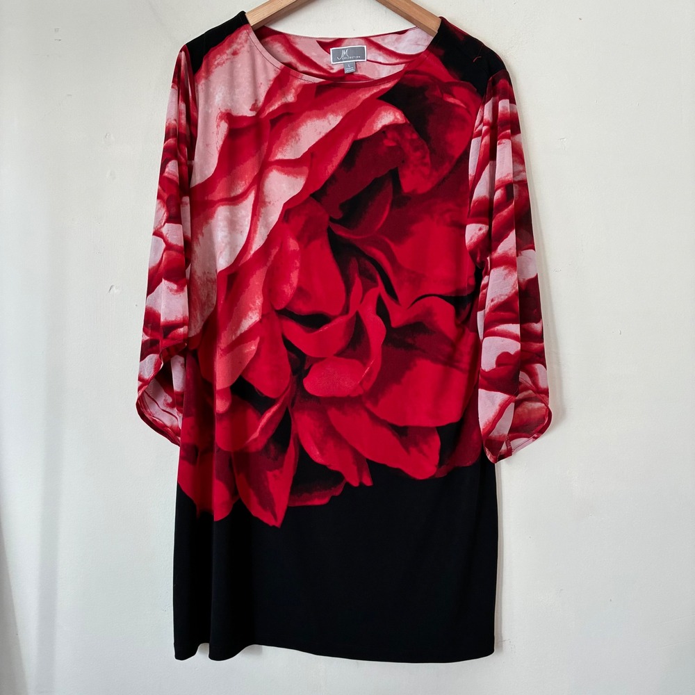 JM Collection Y2K Fairycore Red Rose Floral Tunic Dress Black Sheer Sleeve Large